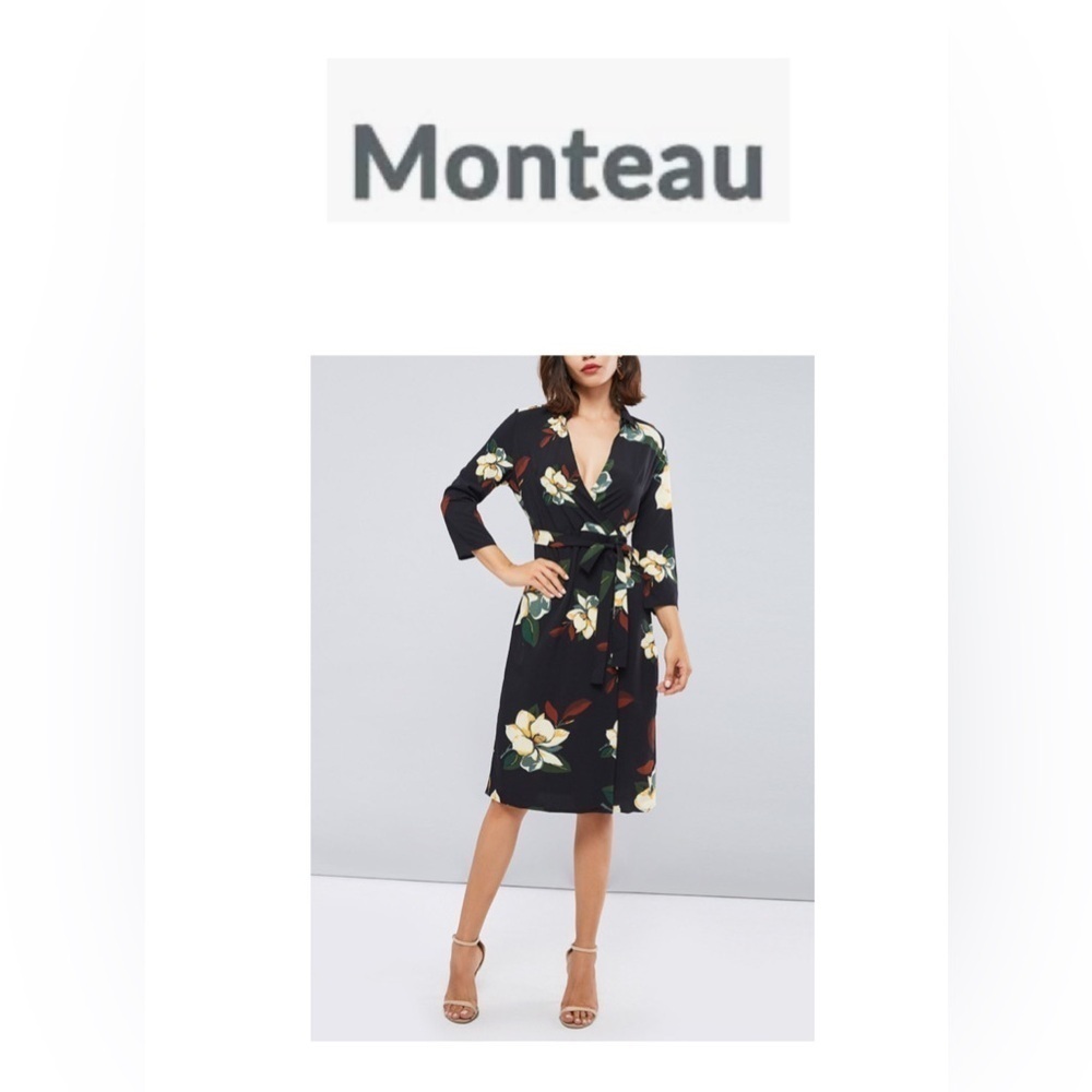 🆕Monteau Navy Floral Wrap Dress with Tie Front and V-Neck M🆕